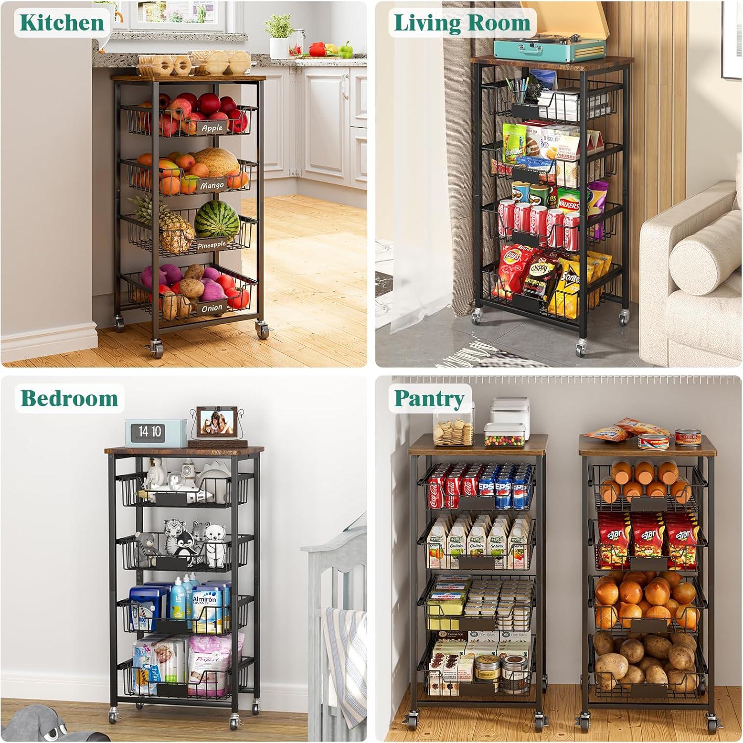 5-Tier Vegetable Fruit Basket Kitchen Storage Rolling Cart on Wheels with Pull-Out Baskets and Wood Top for Kitchen Diningroom Pantry