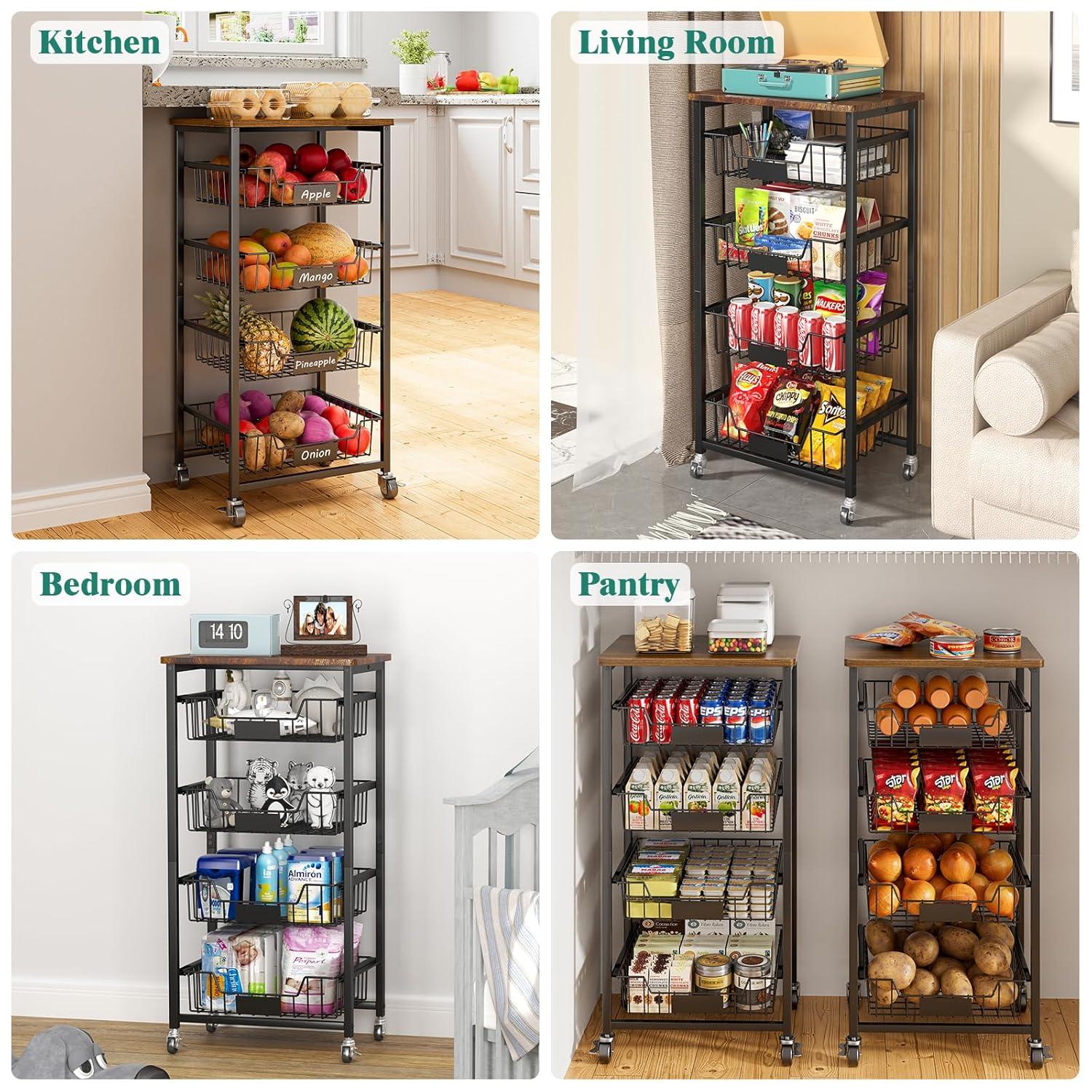 5-Tier Vegetable Fruit Basket Kitchen Storage Rolling Cart on Wheels with Pull-Out Baskets and Wood Top for Kitchen Diningroom Pantry