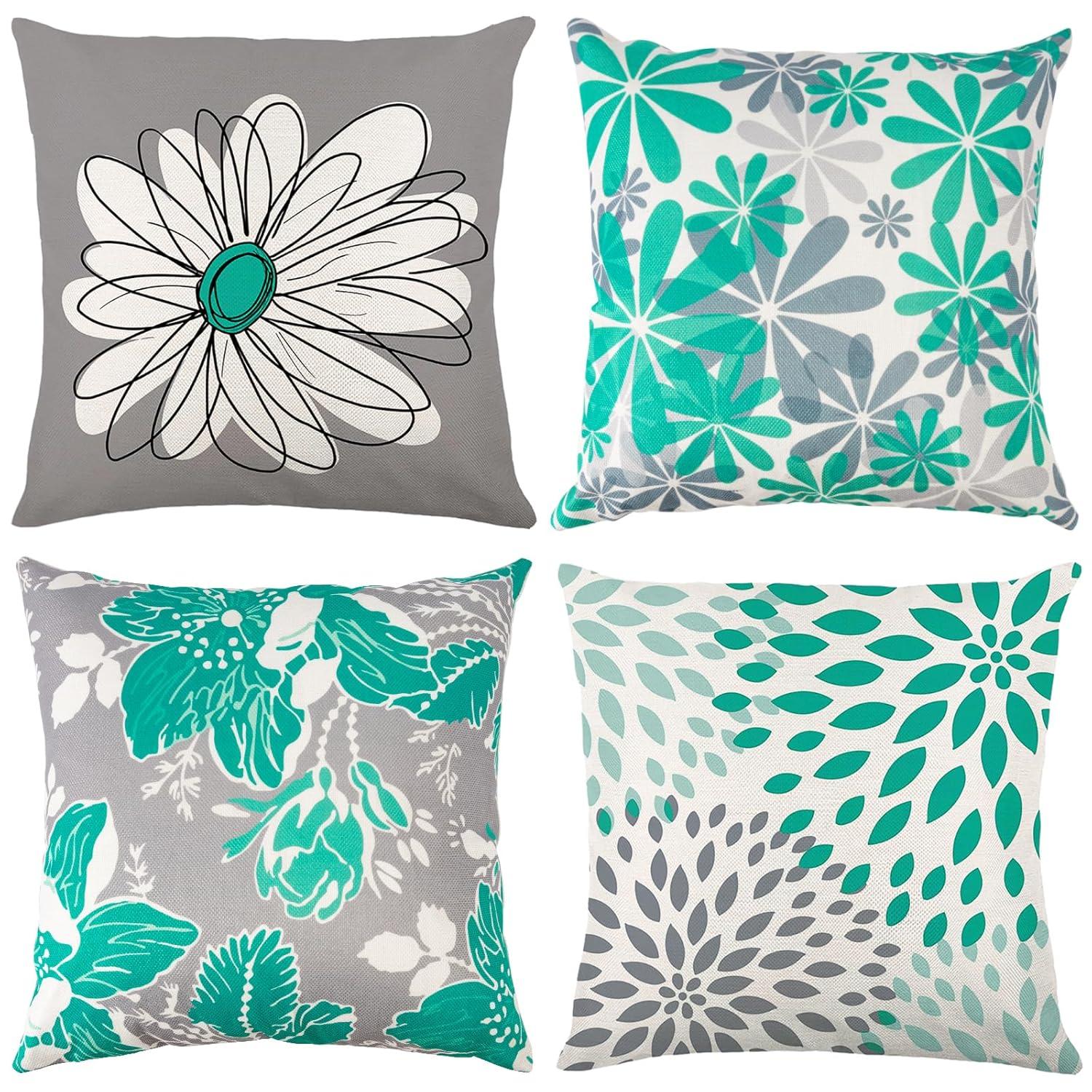 Husfou 4pcs Linen Pillow Covers 18x18 inch Turquoise and Grey Decorative Throw Pillow Case for Couch Modern Daisy Cushion Cover for Home Sofa Bedroom Decor