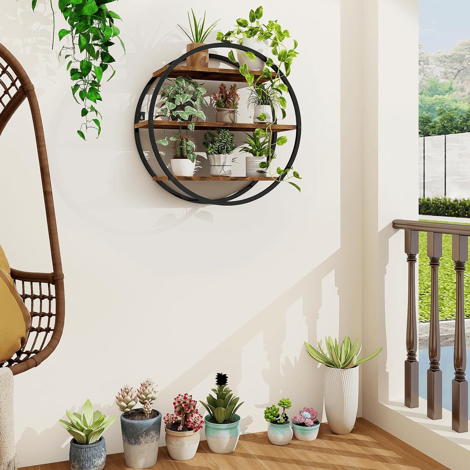 Rustic Brown Circular 3-Tier Wood and Metal Floating Shelf