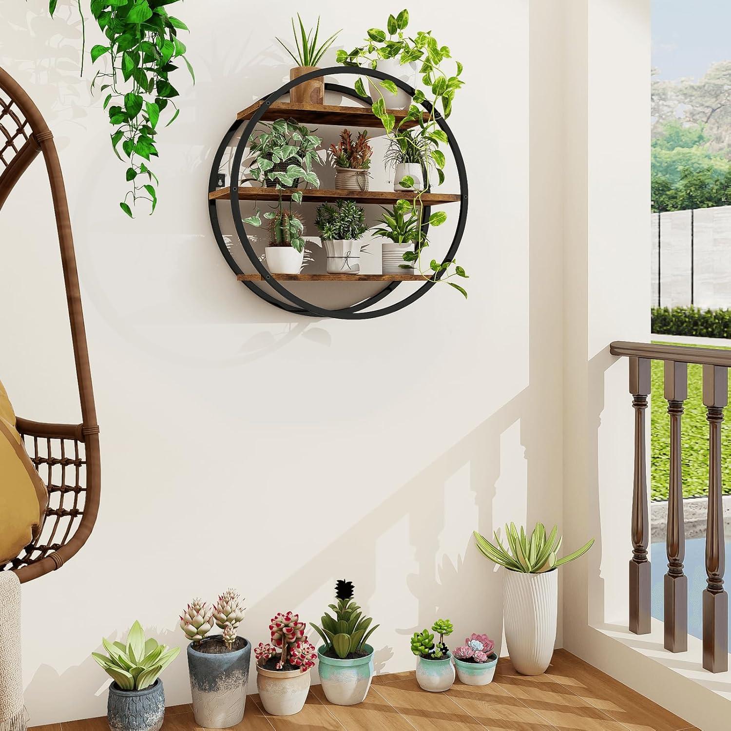 Floating Shelves, 3 Tier Decorative Geometric Circle Metal and Wood Wall Shelves, Bathroom Shelf Round Wall Decor, Rustic Brown