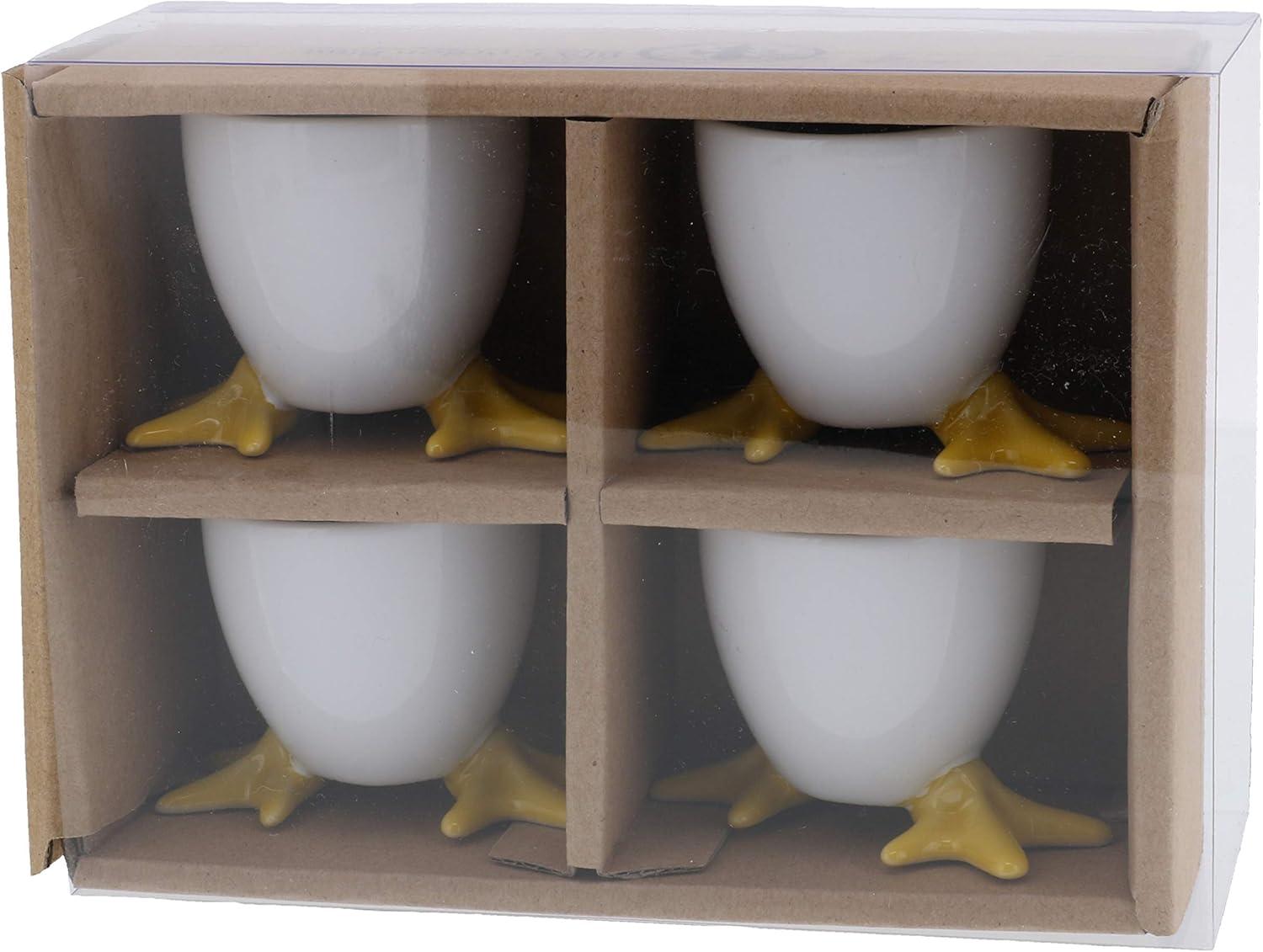 White and Yellow Stoneware Chicken Footed Egg Cups, Set of 4