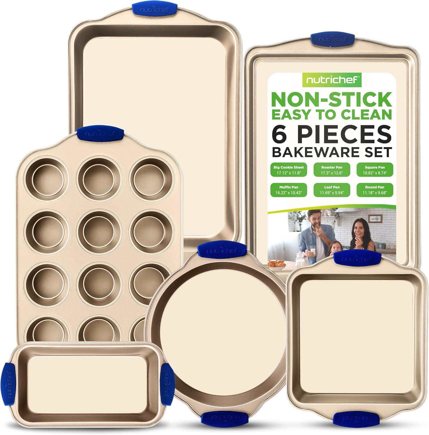 NutriChef 6-Piece Gold Nonstick Carbon Steel Bakeware Set with Silicone Handles