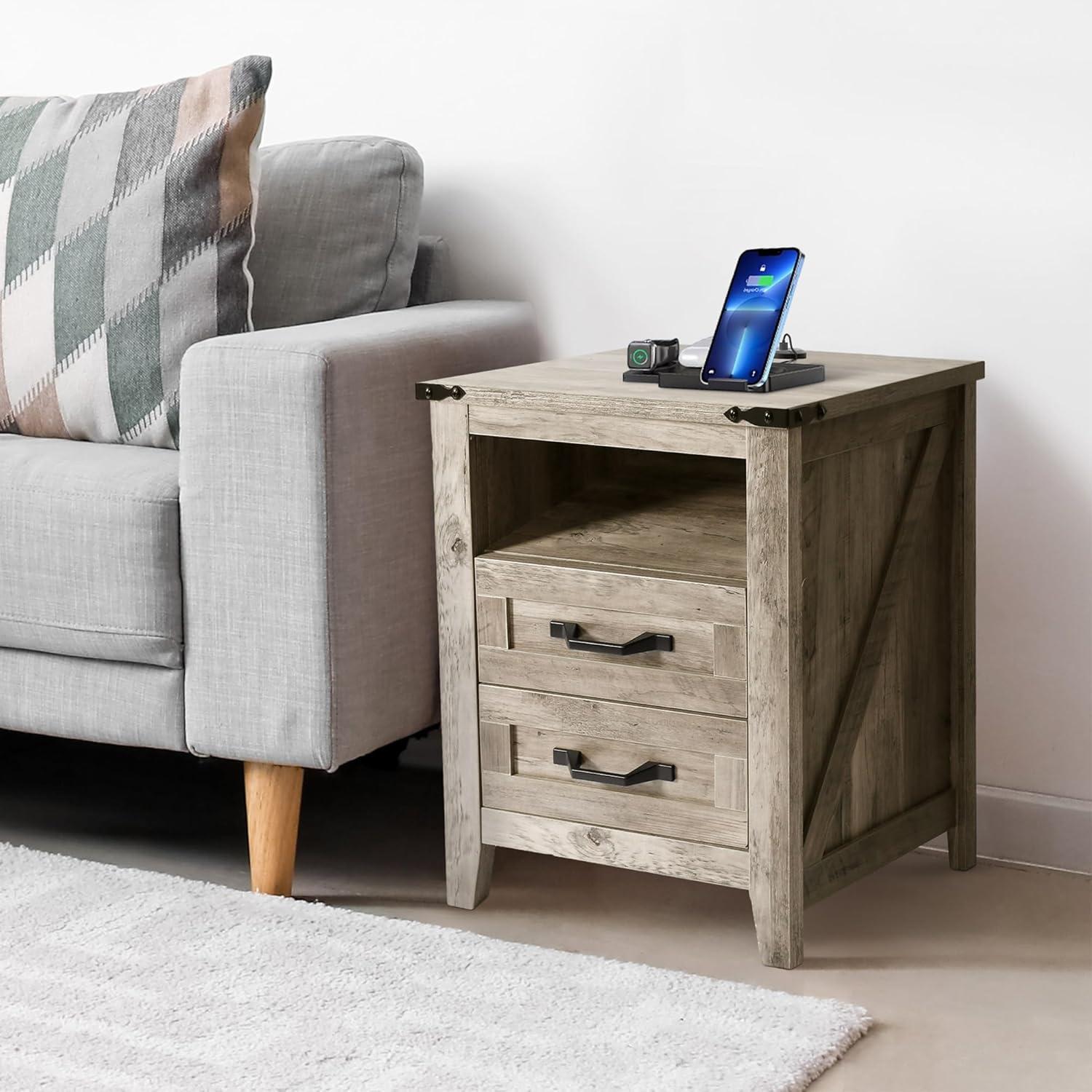 Light Rustic Oak 2-Drawer Farmhouse Nightstand with Charging Station