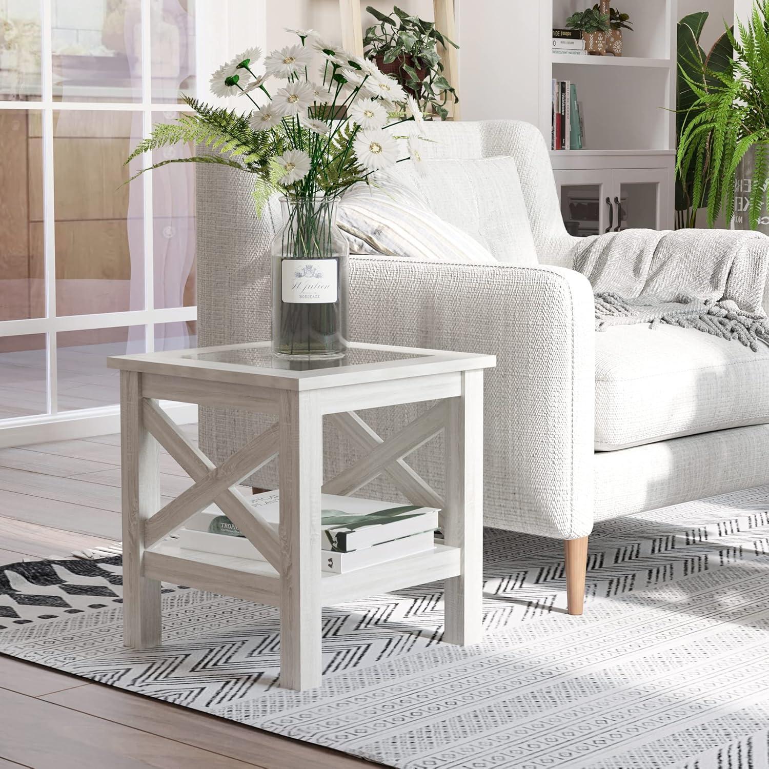 White Oak Wood and Glass End Table with Storage Shelf