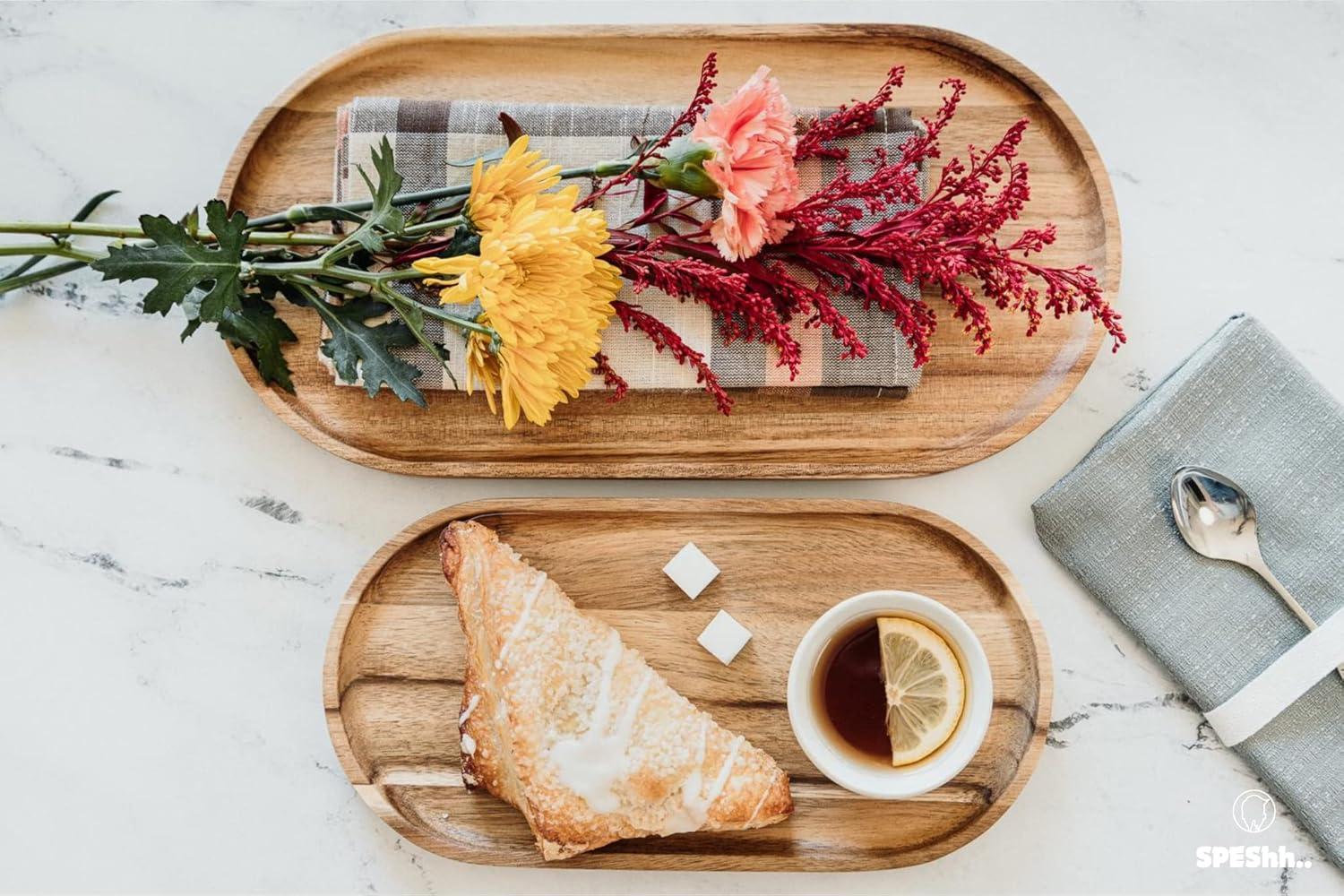 Handcrafted Acacia Wood Rectangular and Oval Serving Trays Set