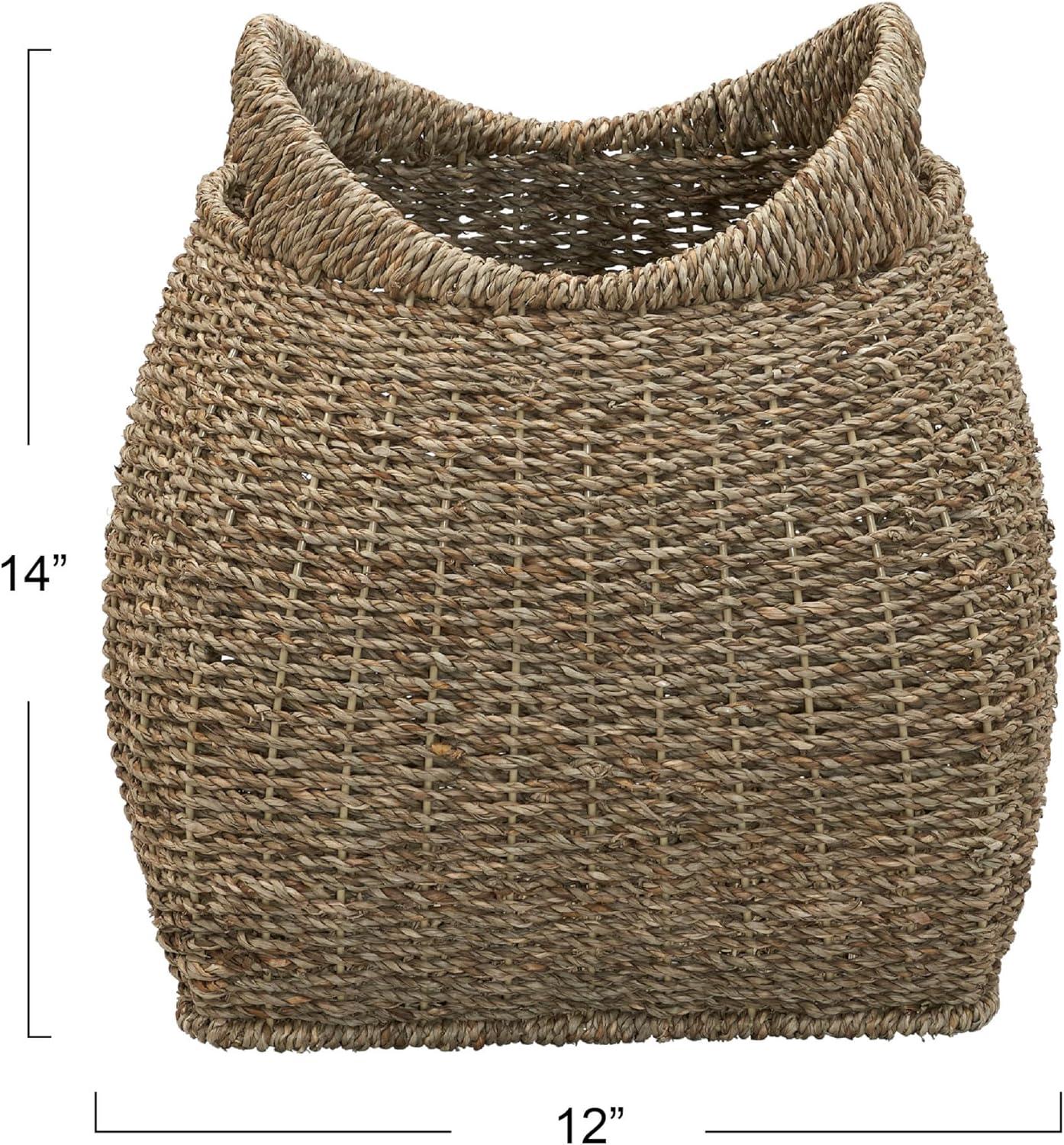 Household Essentials Basket with Handles Seagrass: Handwoven Round Storage, Brown Decorative Wicker, 14" Height