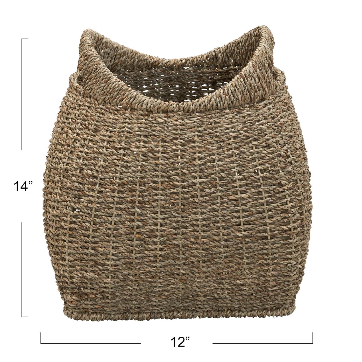 Household Essentials Basket with Handles Seagrass: Handwoven Round Storage, Brown Decorative Wicker, 14" Height