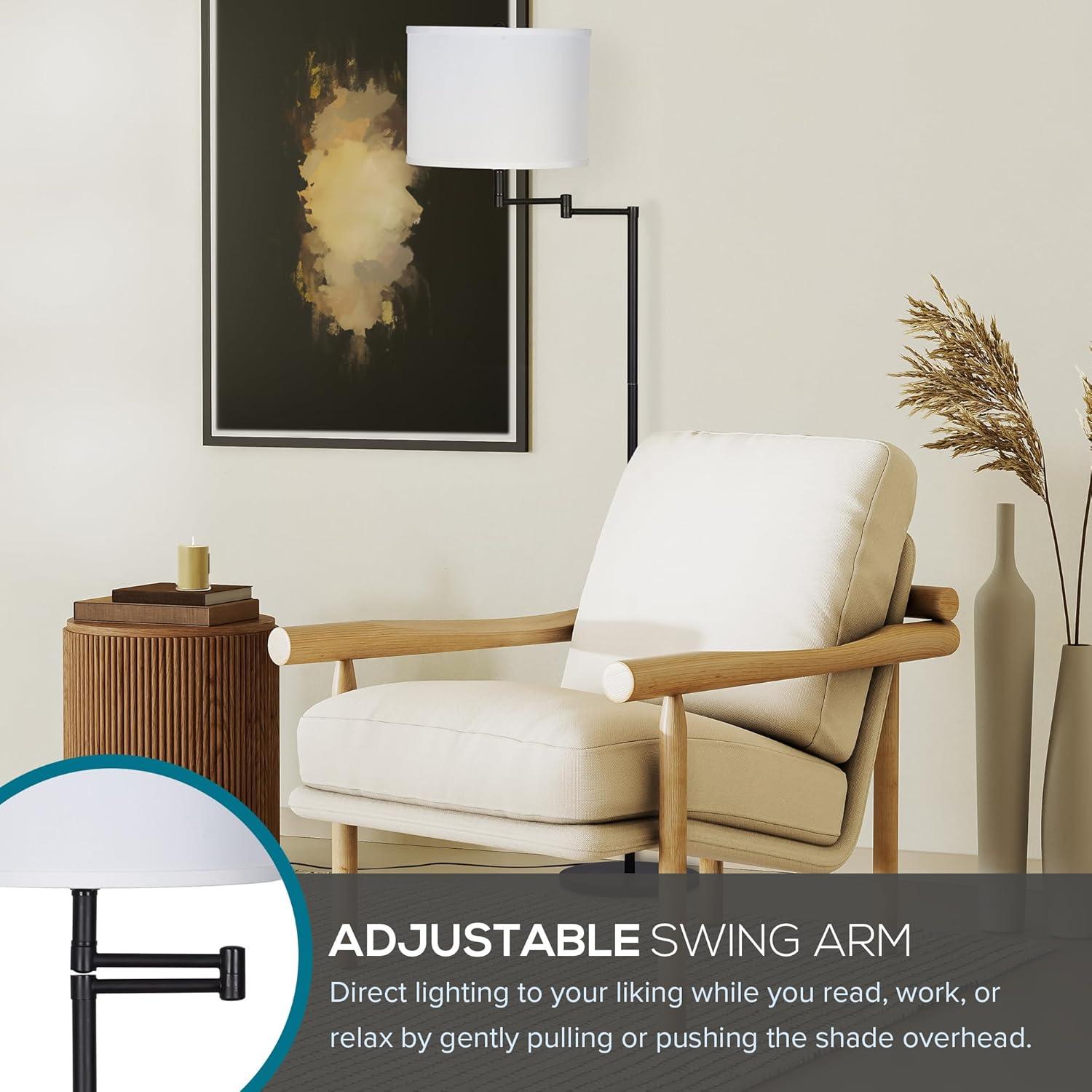 Black Metal Swing Arm Floor Lamp with White Linen Shade