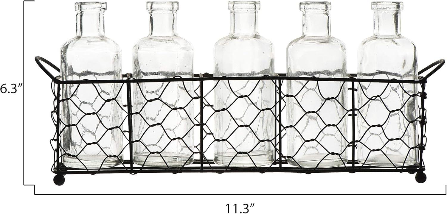 Creative Co-Op 5 Glass Vase Bottles on a Rectangle Metal Holder with Handles, Clear and Black, Set of 6