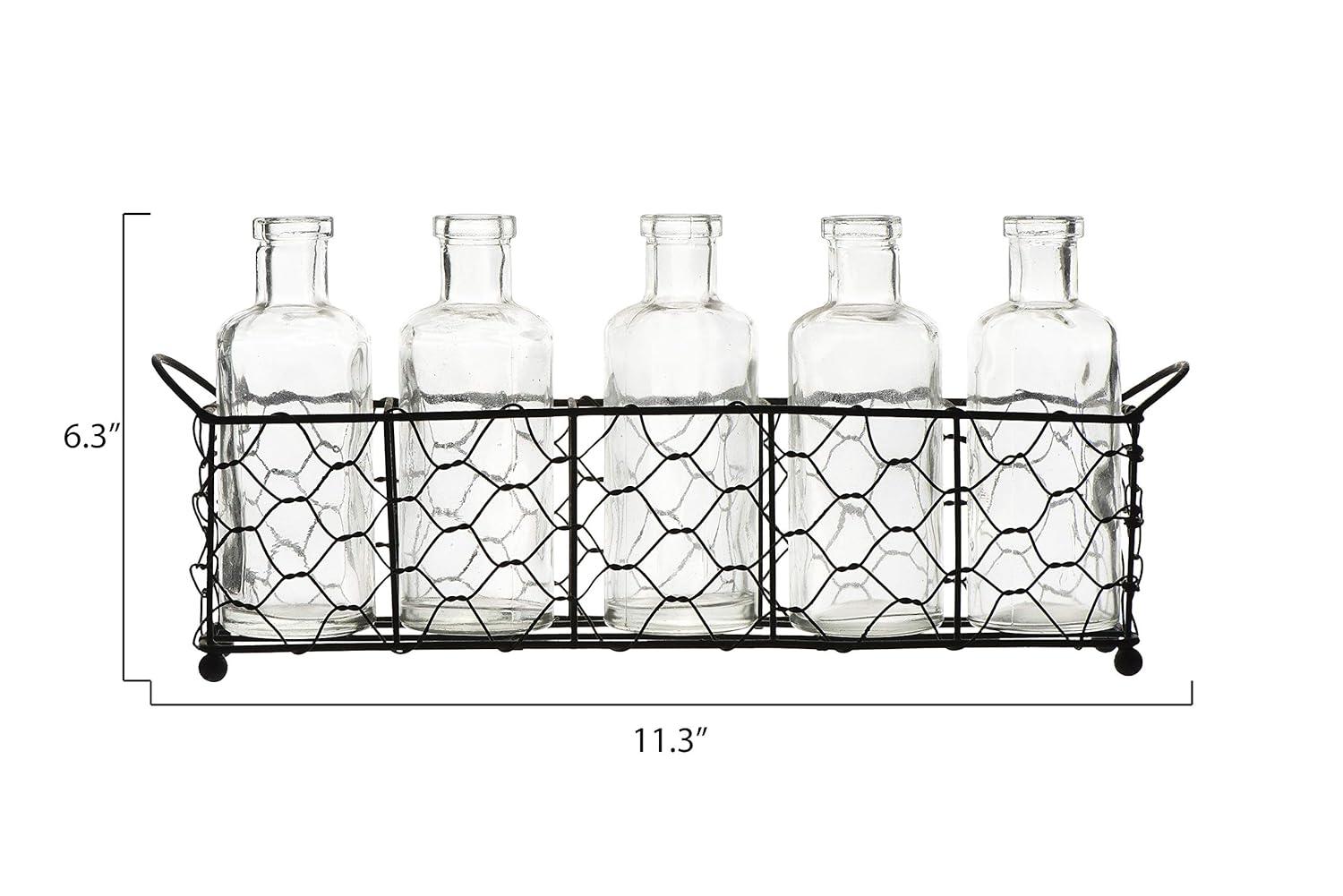 Creative Co-Op 5 Glass Vase Bottles on a Rectangle Metal Holder with Handles, Clear and Black, Set of 6