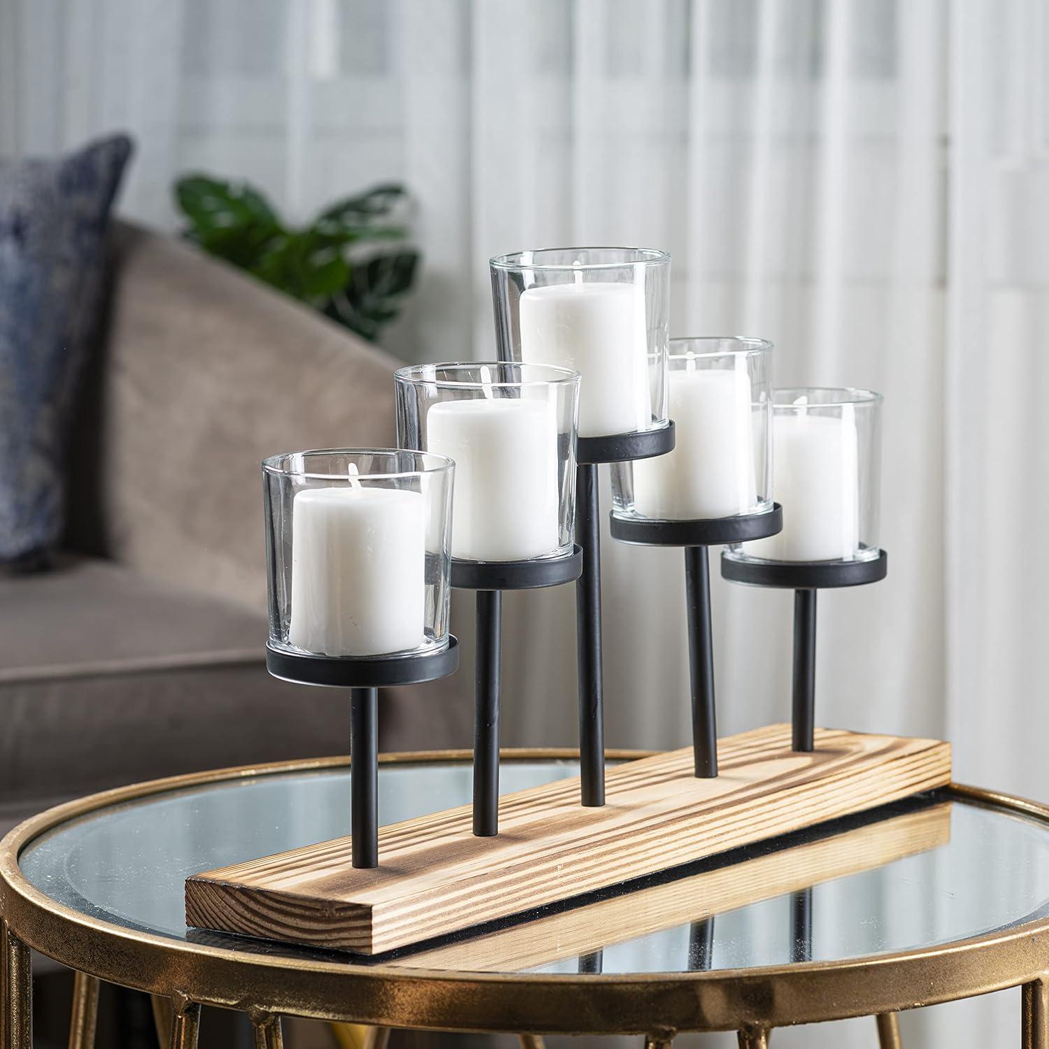 Le'raze Elegant Decorative Votive Candle Holder Centerpiece, 5 Glass Cups on Wood Base-Tray