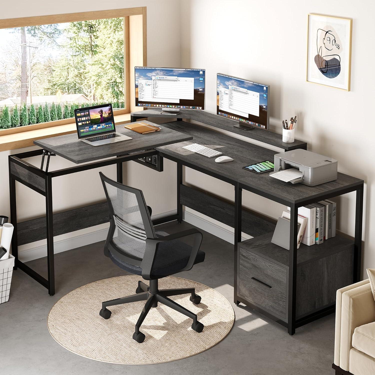 L Shaped Computer Desk with File Drawer, 65" L Shaped Desk with Monitor Stand, Height Adjustable Standing Desk , Gray
