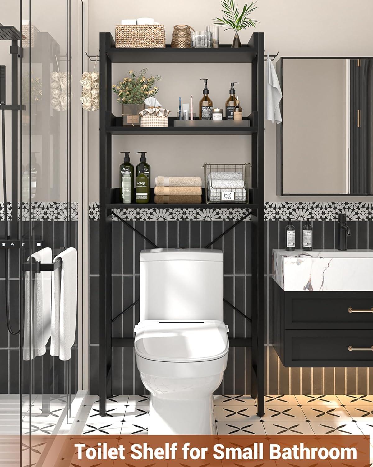 3-Tier Over The Toilet Storage, Space Saver Metal Bathroom Shelves, Freestanding Above Over Toilet Storage Shelf With 4 Hooks For Bathroom, Black