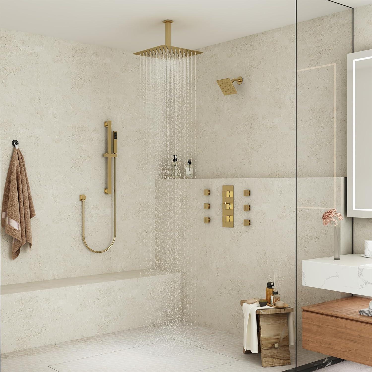 Rainfall Symphony 12inch 3-Function Dual Shower Head Thermostatic Shower System with 3 Sprays Handheld