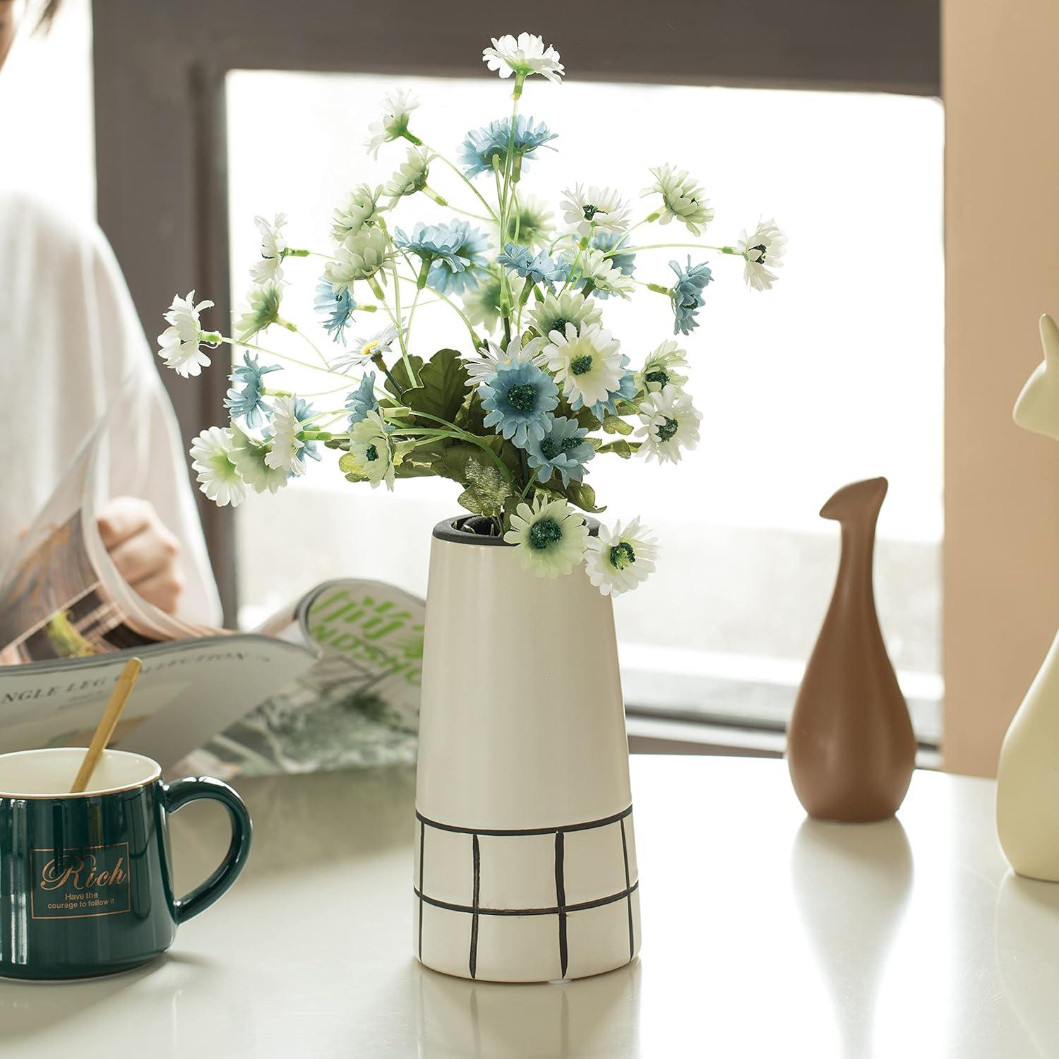 Fabulaxe QI004059.M 3.75 x 7 in. Cylindrical Ceramic Modern Painted Grid Tapered Flower Table Vase, Black & White