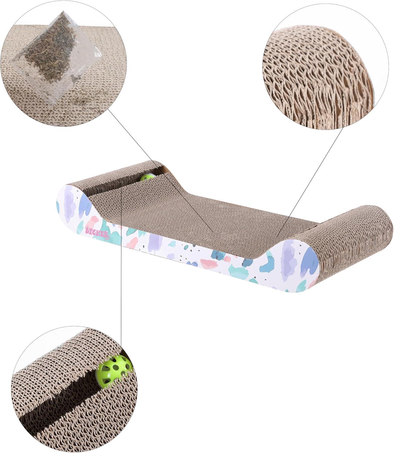 Rini 23.75" Modern Cardboard Lounge Bed Cat Scratcher with Built-In Bell Toys and Catnip, White/Multi (Set of 2)