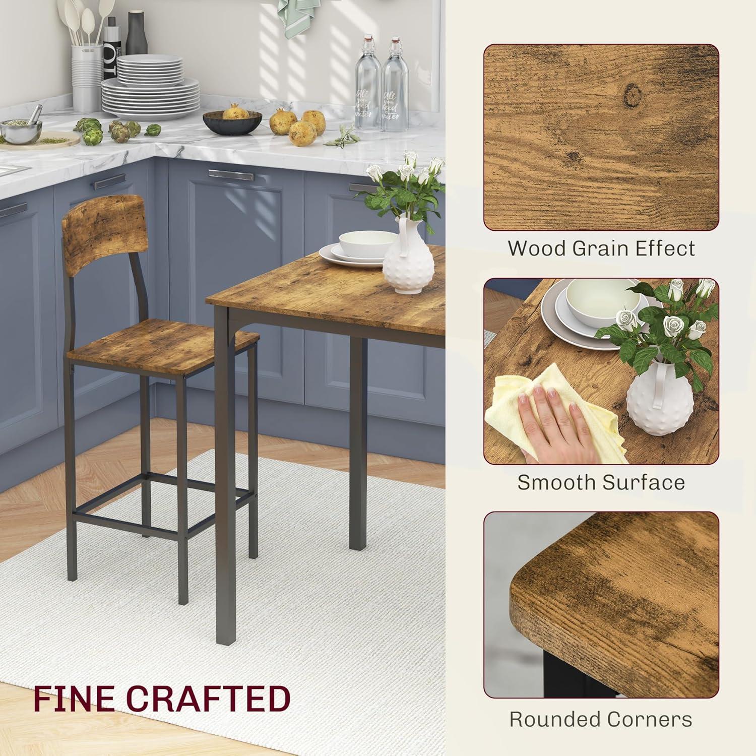 HOMCOM 3 Piece Bar Table and Chairs Set, Industrial Small Dining Table Set for 2, Square Kitchen Table and Stools, Rustic Brown and Black
