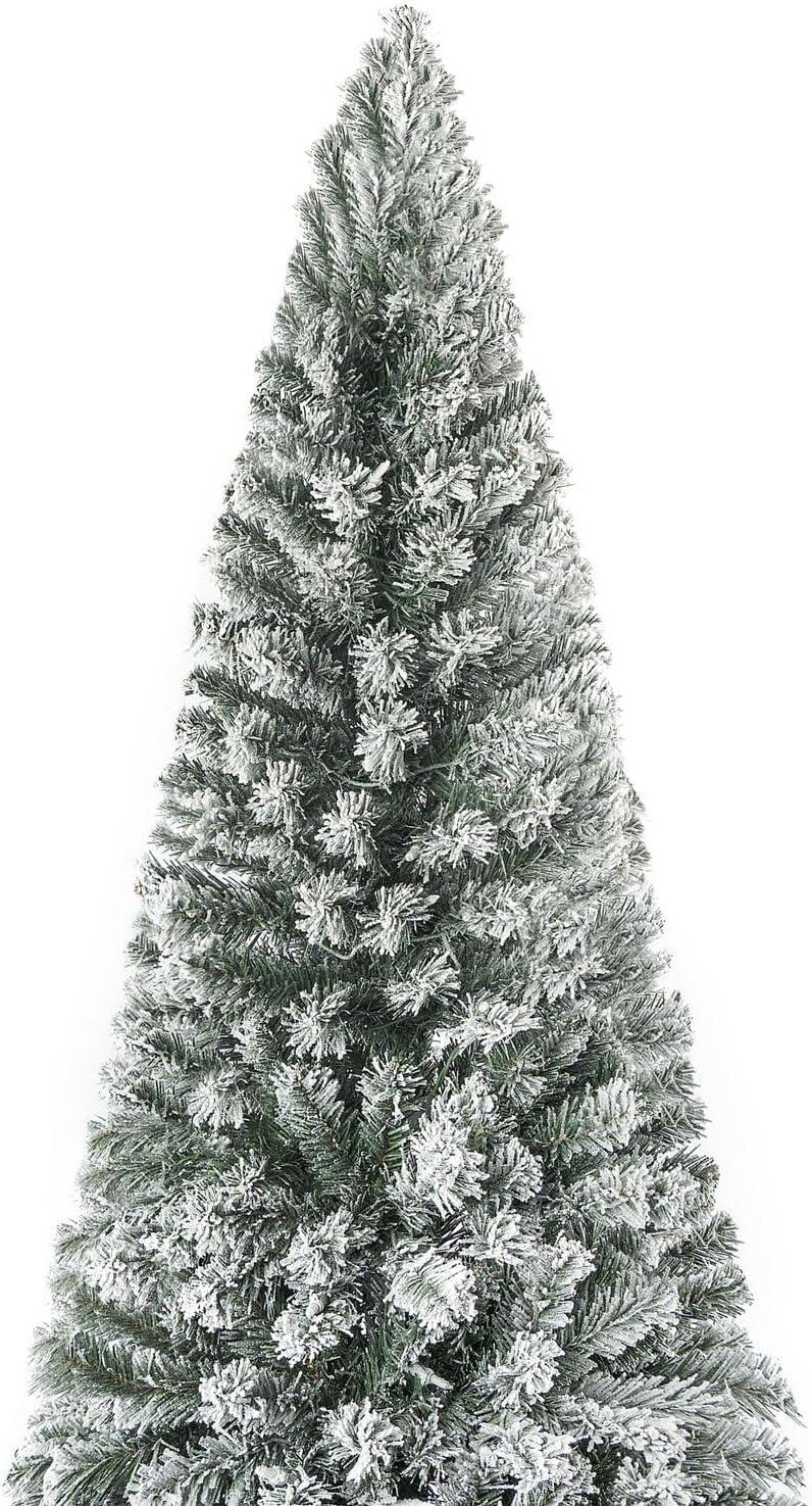 Salzburg 7.5ft Frosted Prelit Slim Artificial Christmas Tree with 1102 Branch Tips, 350 Warm Lights and Metal Stand, 34" wide Realistic Snow Flocked Skinny Pencil Christmas Tree by Naomi Home