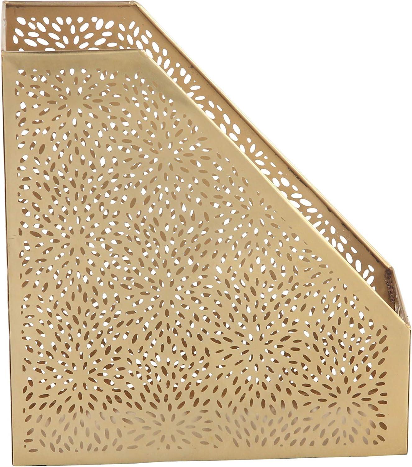 CosmoLiving by Cosmopolitan 12" Gold Metal Single Slot Magazine Holder with Laser Carved Floral Design