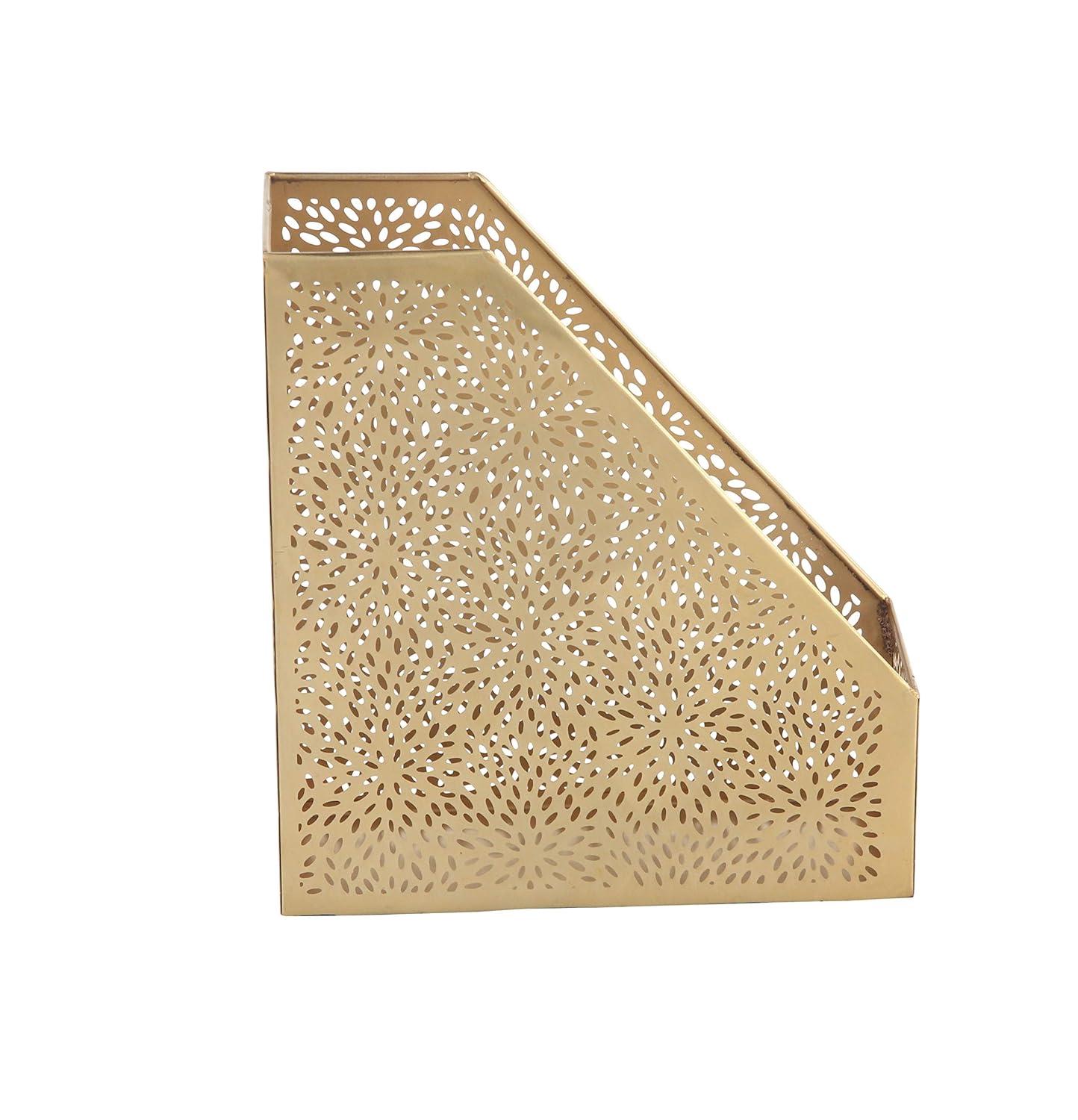 CosmoLiving by Cosmopolitan 12" Gold Metal Single Slot Magazine Holder with Laser Carved Floral Design