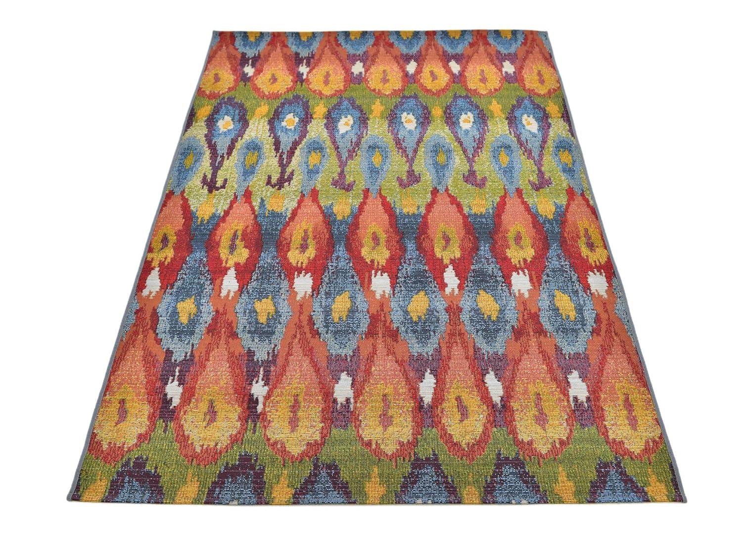 Unique Loom Outdoor Modern Collection Area Rug - Ikat (4' 1" x 6' 1" Rectangle Multi/Burgundy)