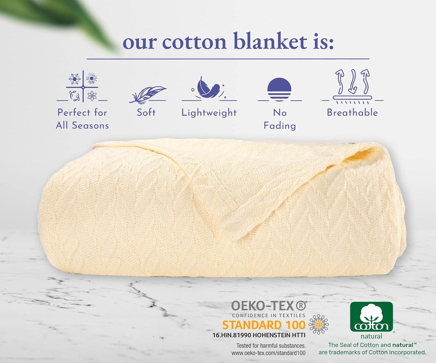 Bed Blanket | Soft 100% Cotton | Herringbone Design | All-Season Thermal Layering by California Design Den - Ivory, King (106" x 94")
