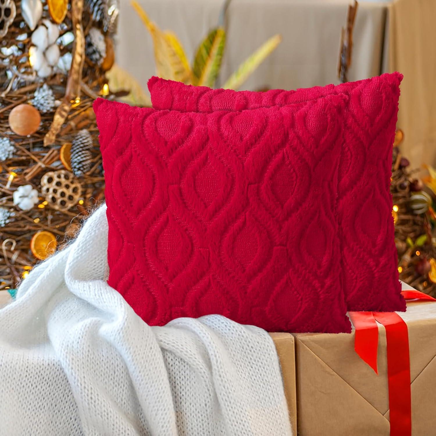 Red Plush Faux Wool Euro Throw Pillow Covers, 18x18 Inch, Set of 2