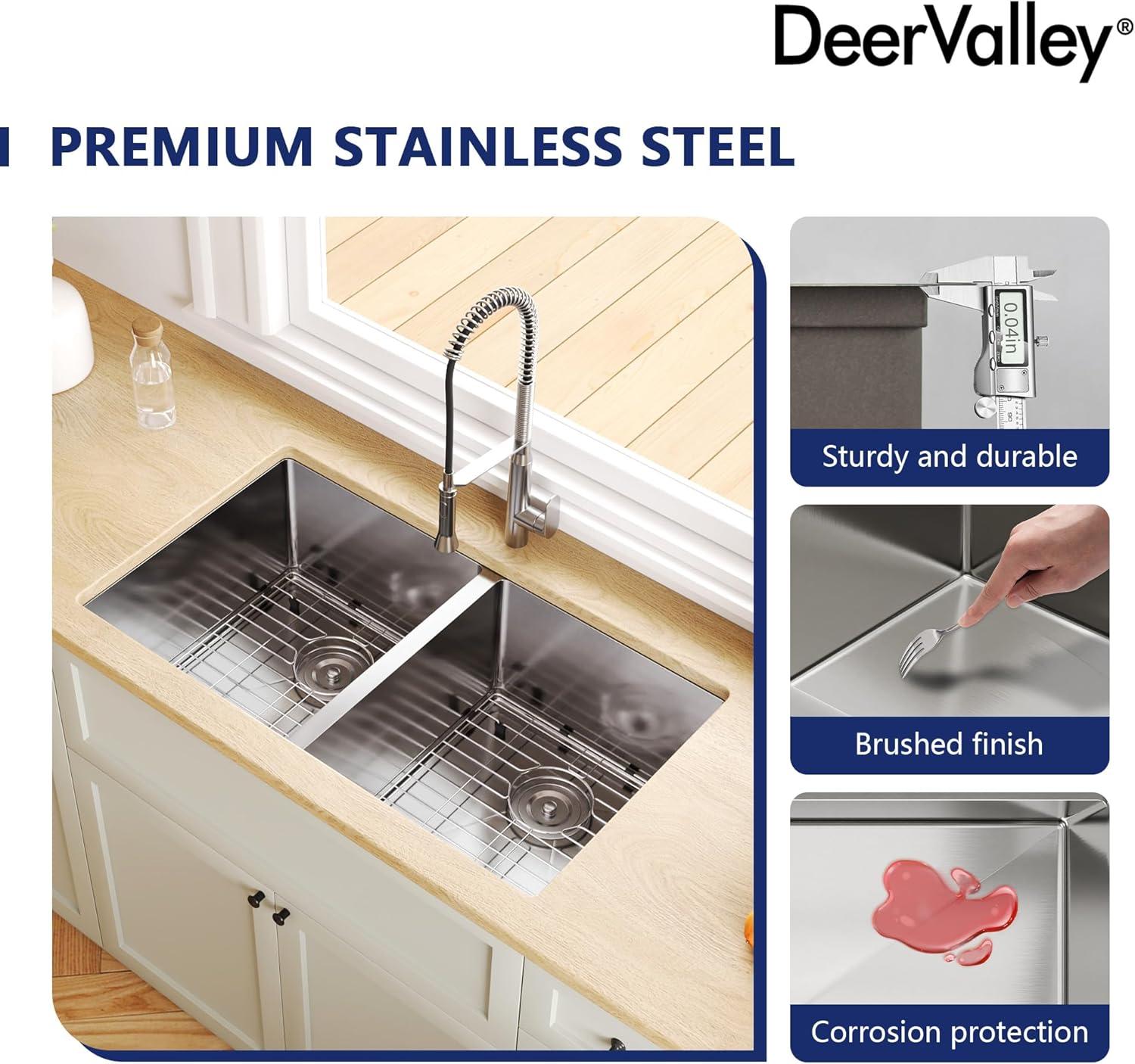DeerValley 33'' L Undermount 50/50 Double Bowl Stainless Steel Kitchen Sink with Basket Strainers and Stainless Steel Grids