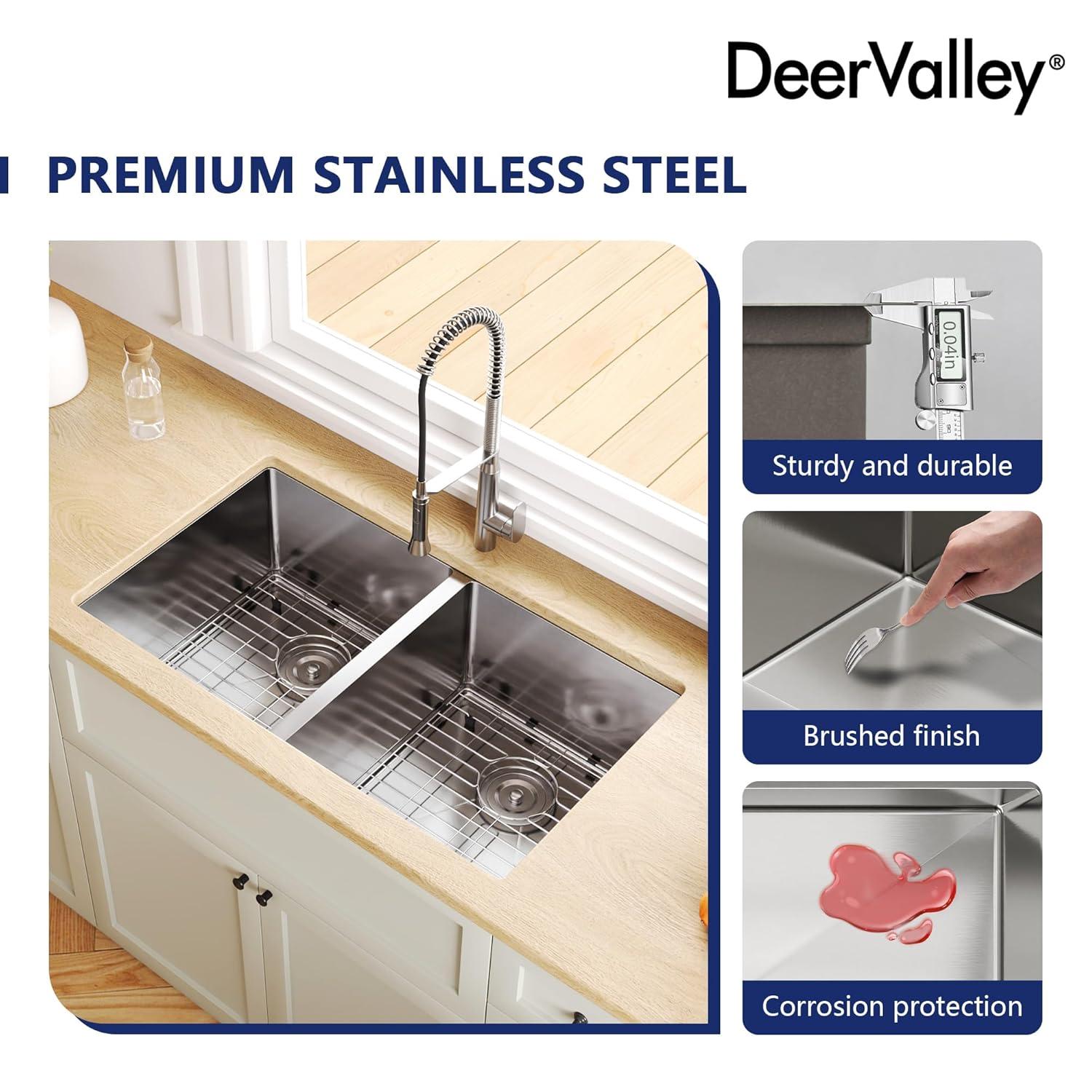 DeerValley 33'' L Undermount 50/50 Double Bowl Stainless Steel Kitchen Sink with Basket Strainers and Stainless Steel Grids