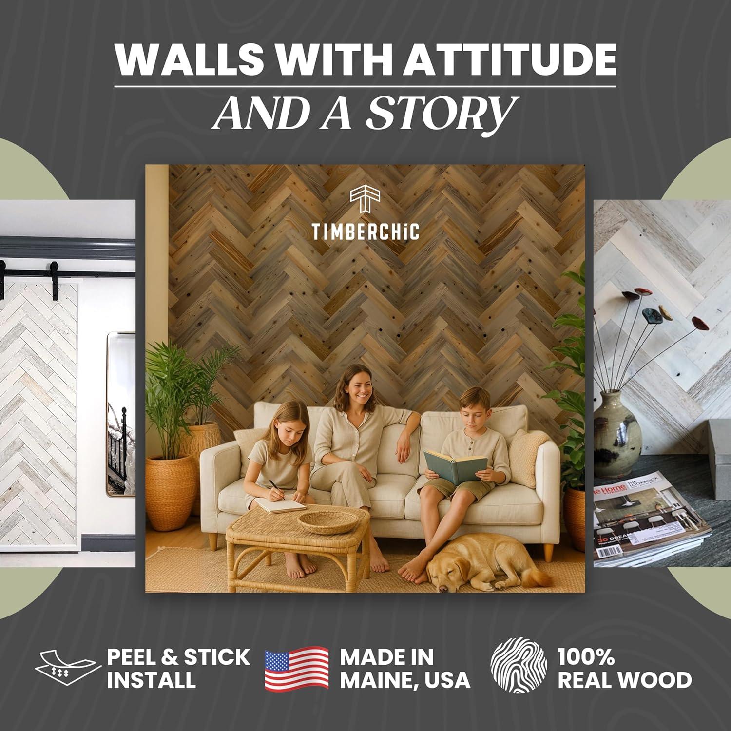 Timberchic River Reclaimed Wooden Wall planks - Simple Peel & Stick Wall Covering Application for DIY Accent Wall & Home Improvement - Premium Wall Paneling - Herringbone Pattern