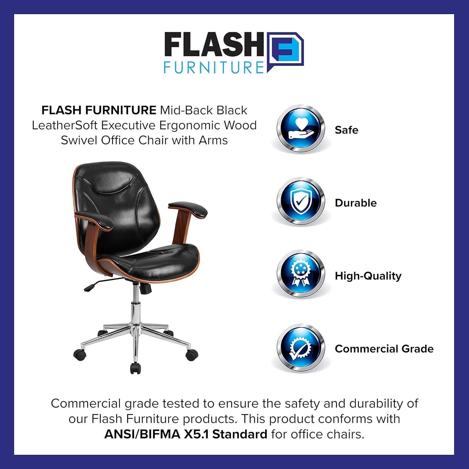 Flash Furniture Tansia Mid-Back Black LeatherSoft Executive Ergonomic Wood Swivel Office Chair with Arms