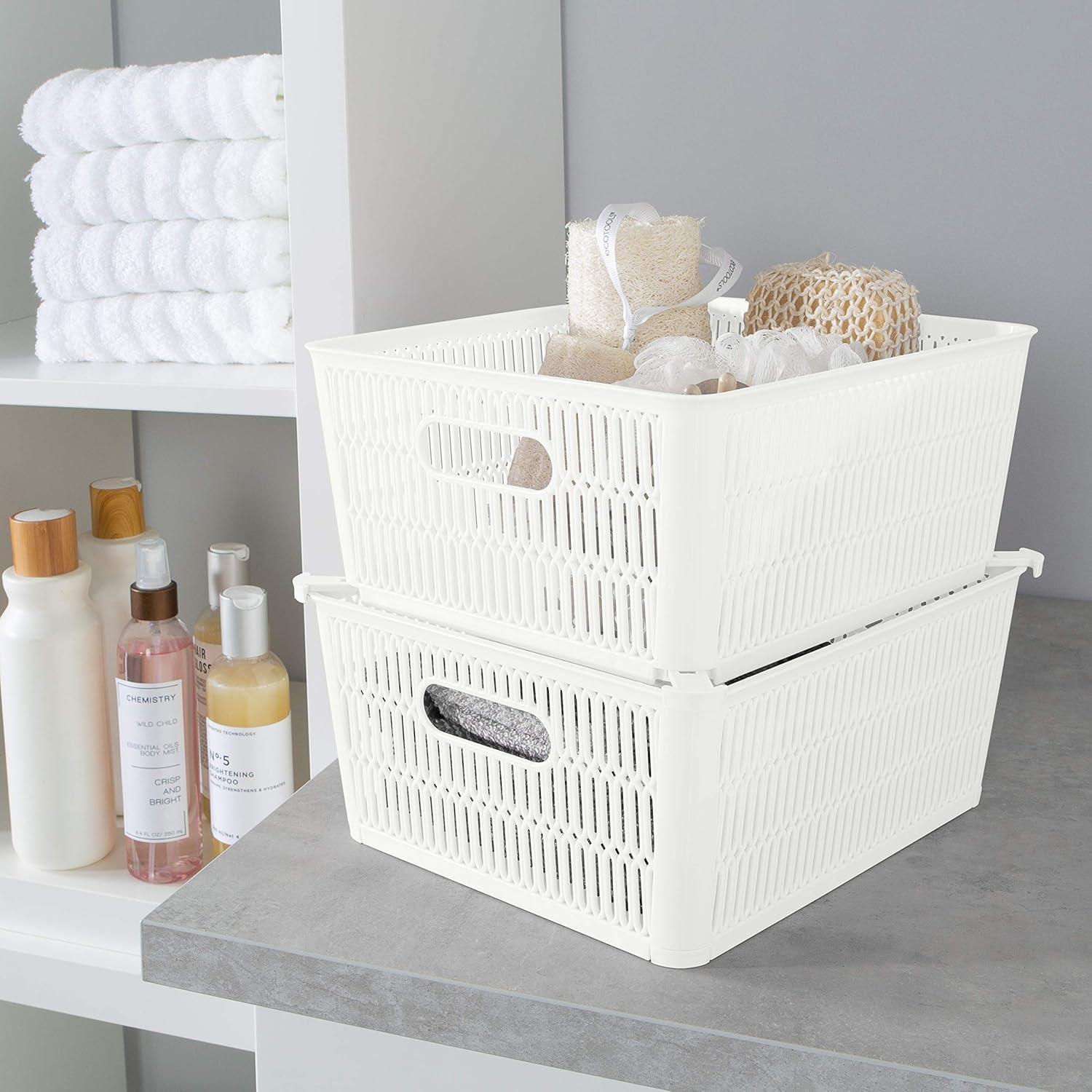 Simplify Slide 2 Stack It 2 Pack Plastic Storage Tote Baskets in White