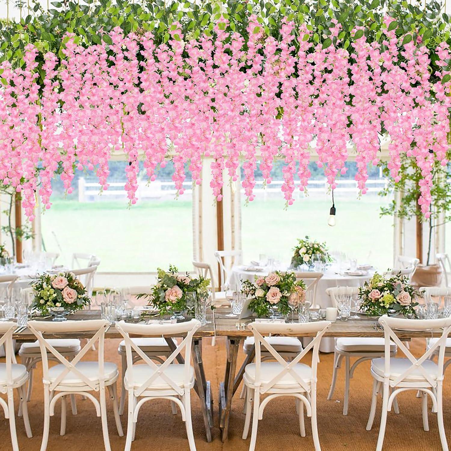 Wisteria Hanging Flowers 24 Pack Fake Flower Garland Artificial Wisteria Vines Rattan Silk Flower String Wedding Party Wall Decorations,Blush Pink