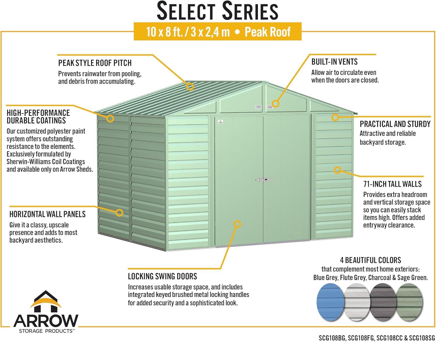 Arrow Select Steel Storage Shed Steel Storage Shed, 10x8, Charcoal