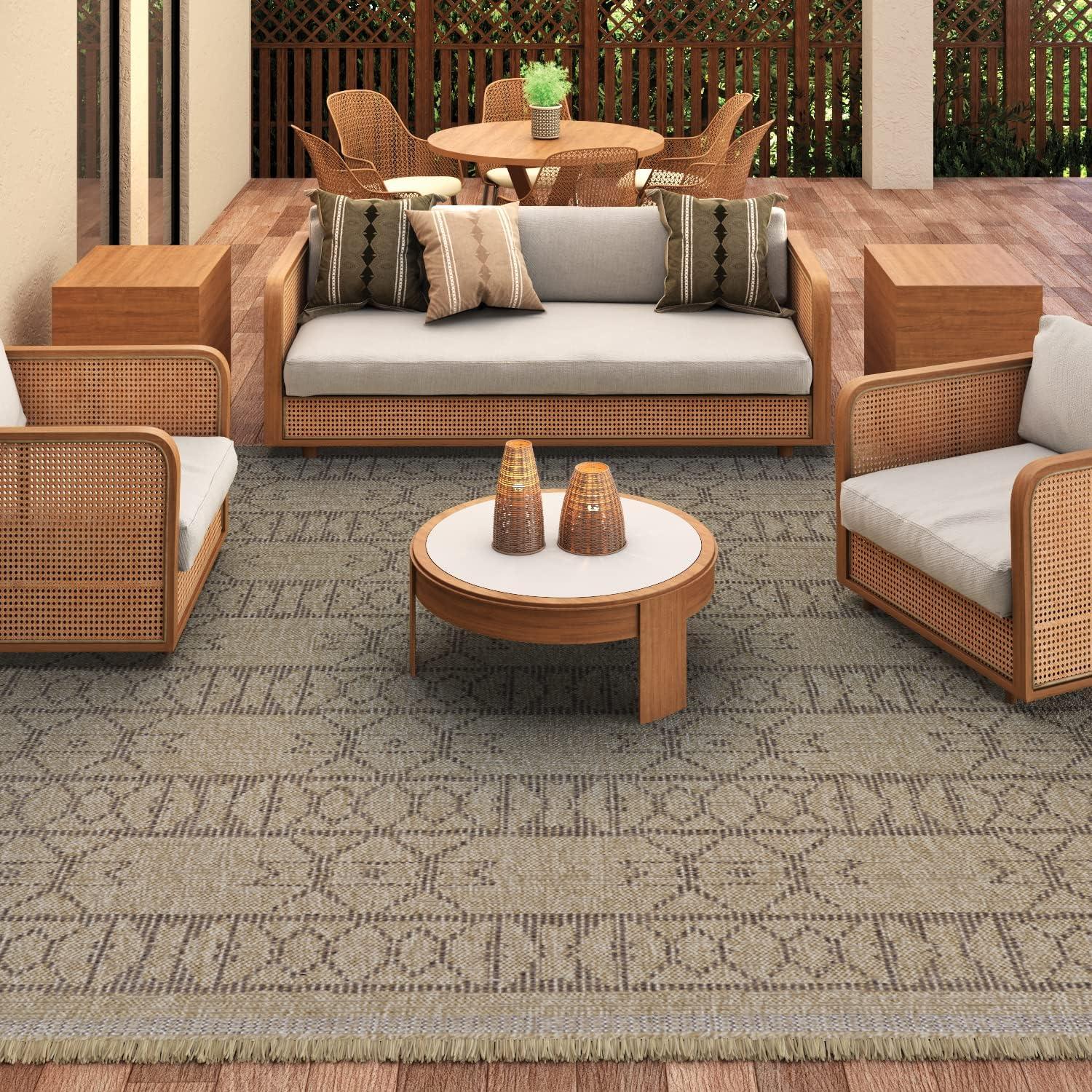 Natural Brown Flat Woven Synthetic Rectangular Area Rug