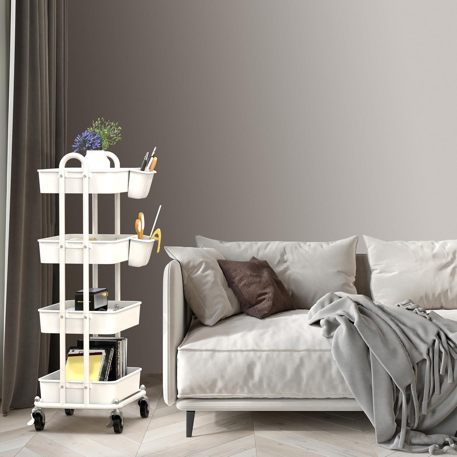 White Metal 4-Tier Utility Rolling Cart with Swivel Casters