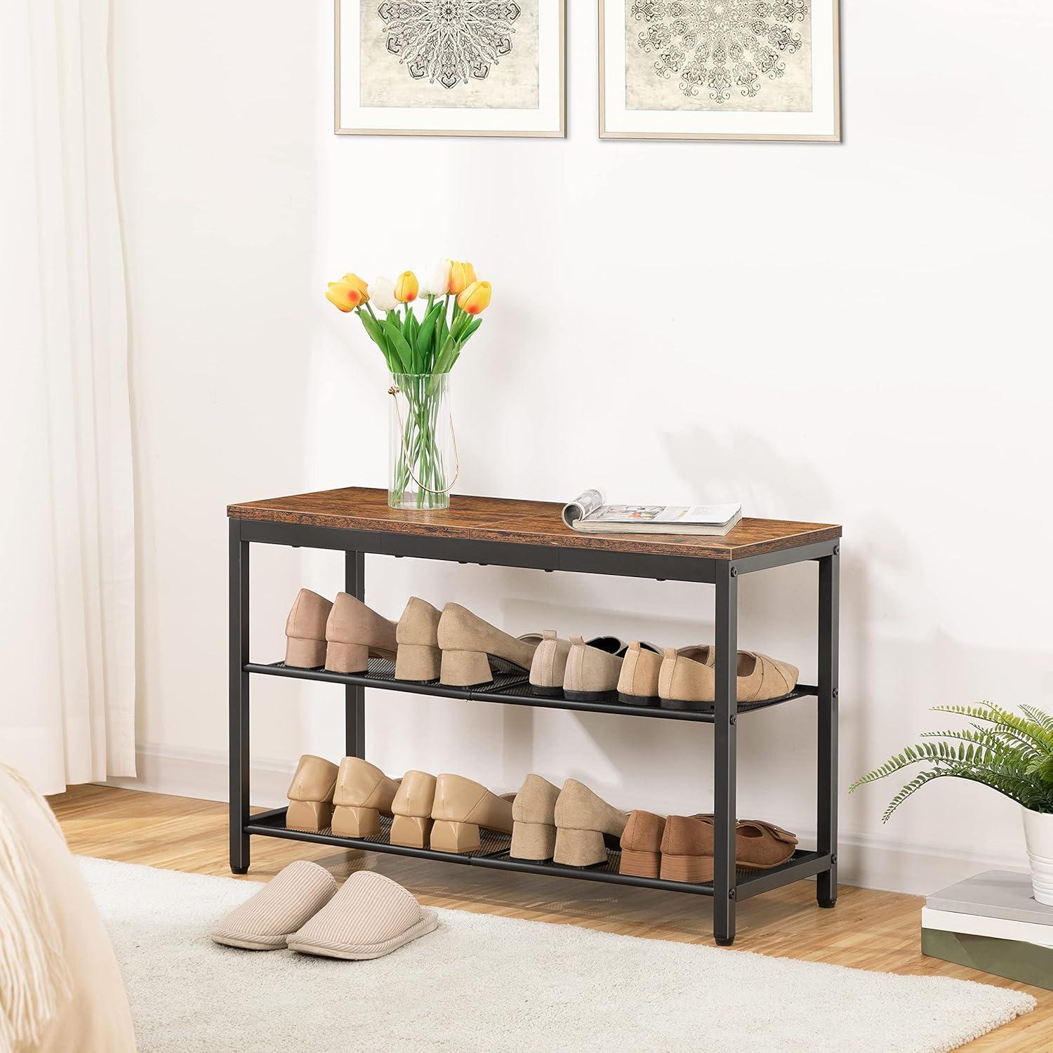 Shoe Bench, 3-Tier Shoe Rack, Industrial Shoe Organizer Storage Bench, 29.5 inches Entry Bench with Mesh Shelves, for Entryway, Living Room, Hallway, Easy Assembly, Rustic Brown BF75HX01