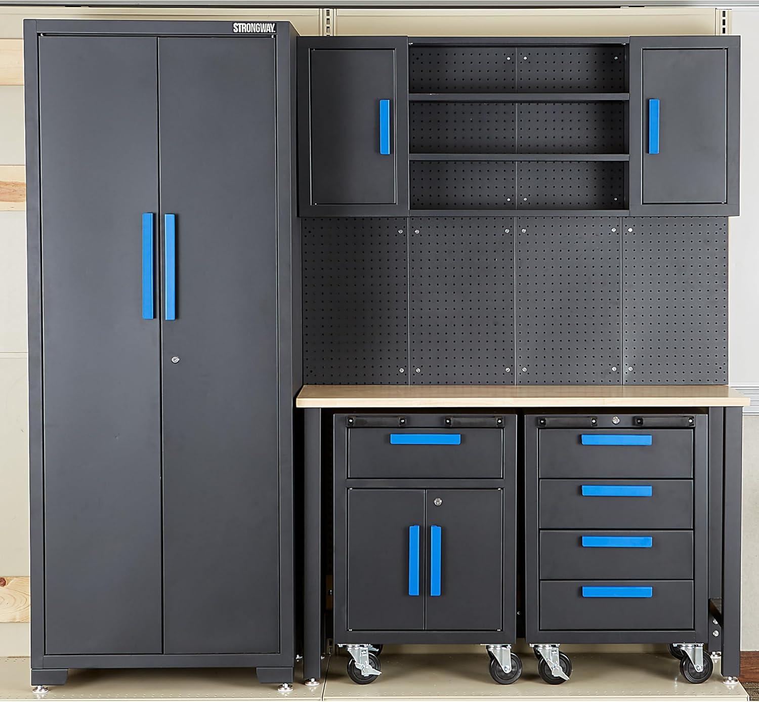 Strongway 6-Pc. Steel Garage Storage System with Drawers, Pegboard, Shelves, Tabletop, 2 Rolling Cabinets, 81.5in. x 75.7in.