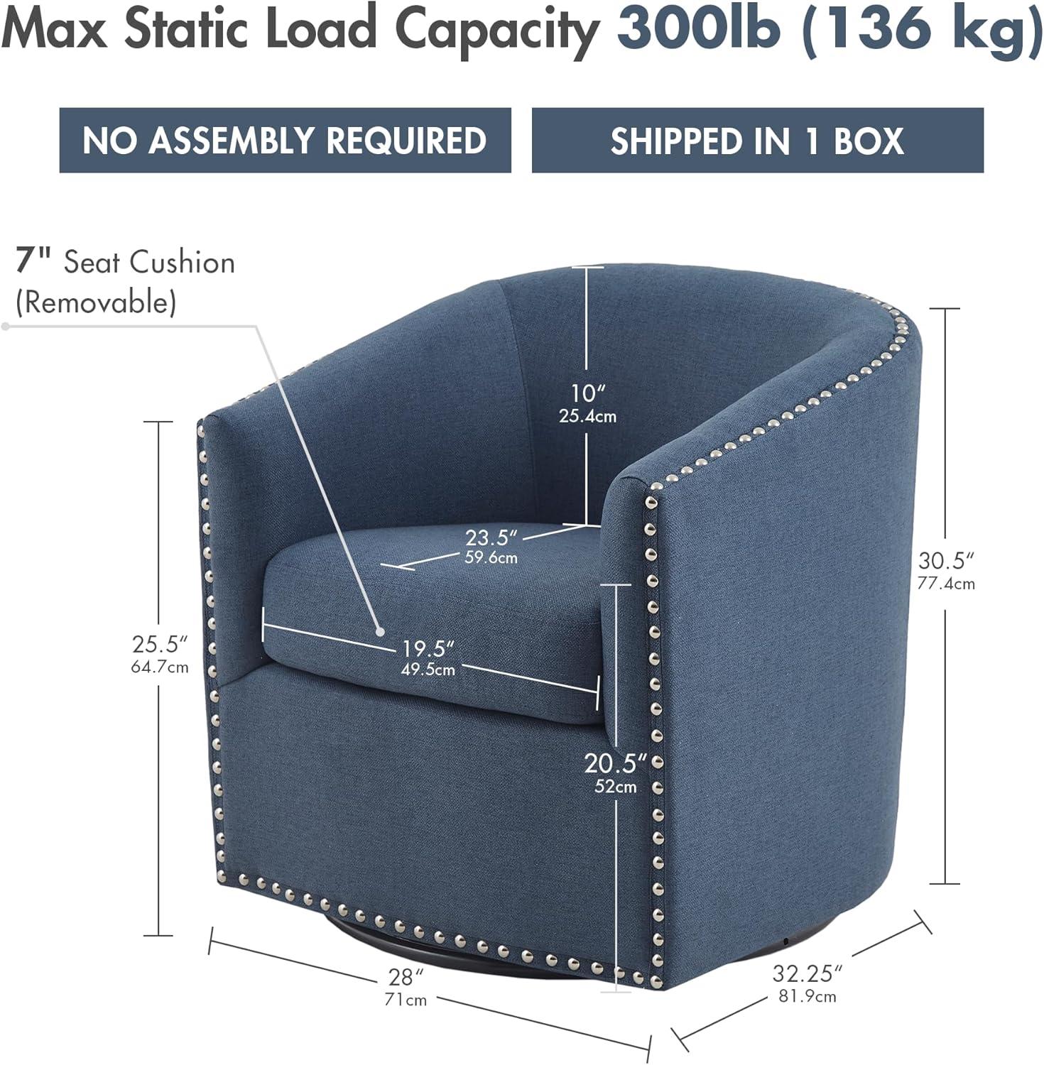 Madison Park Sheldon Swivel Chair Blue: Elegant Barrel Design, Nailhead Trim, 360° Rotation, No Assembly Required