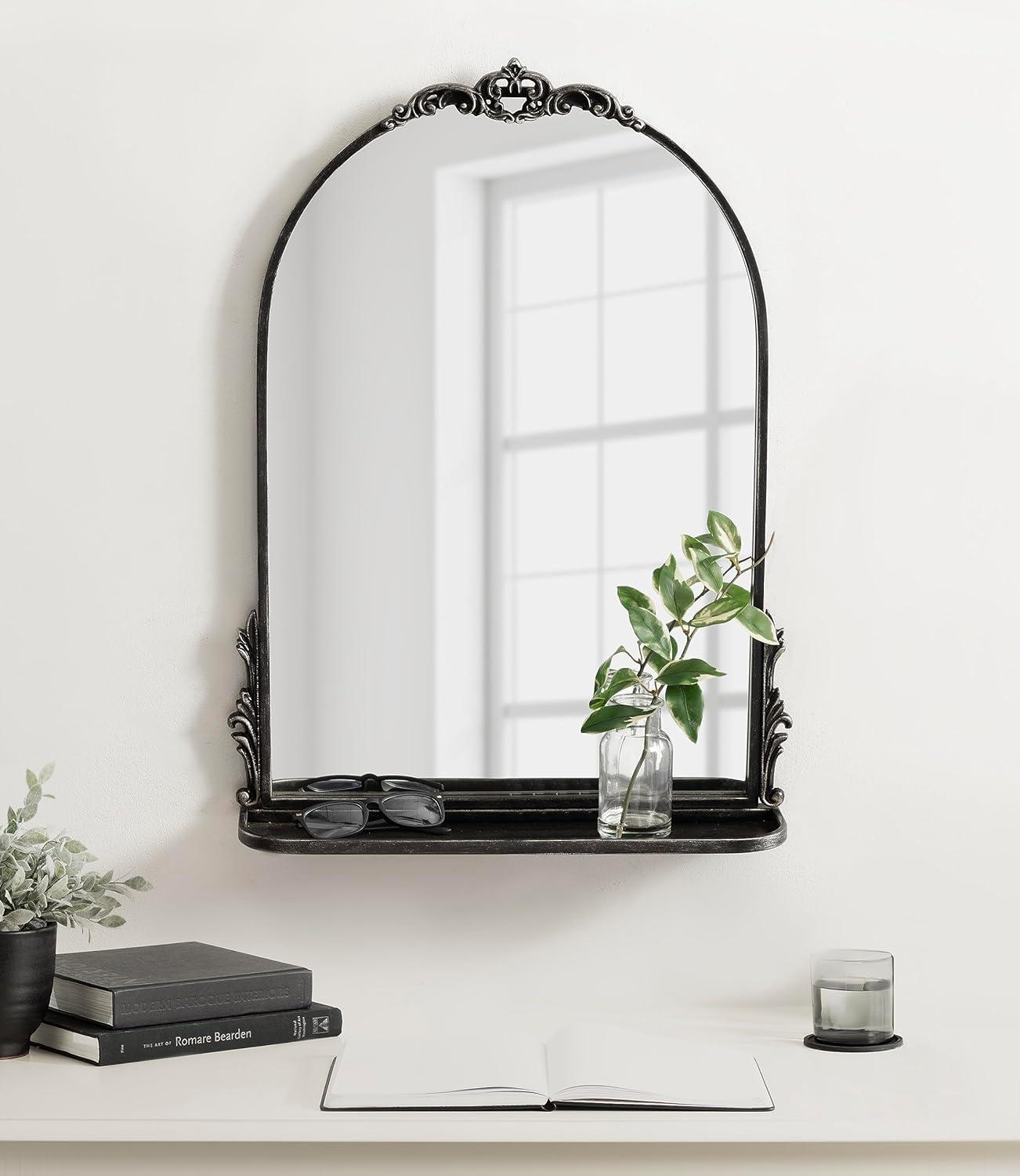 Antique Black Arched Metal Framed Mirror with Shelf