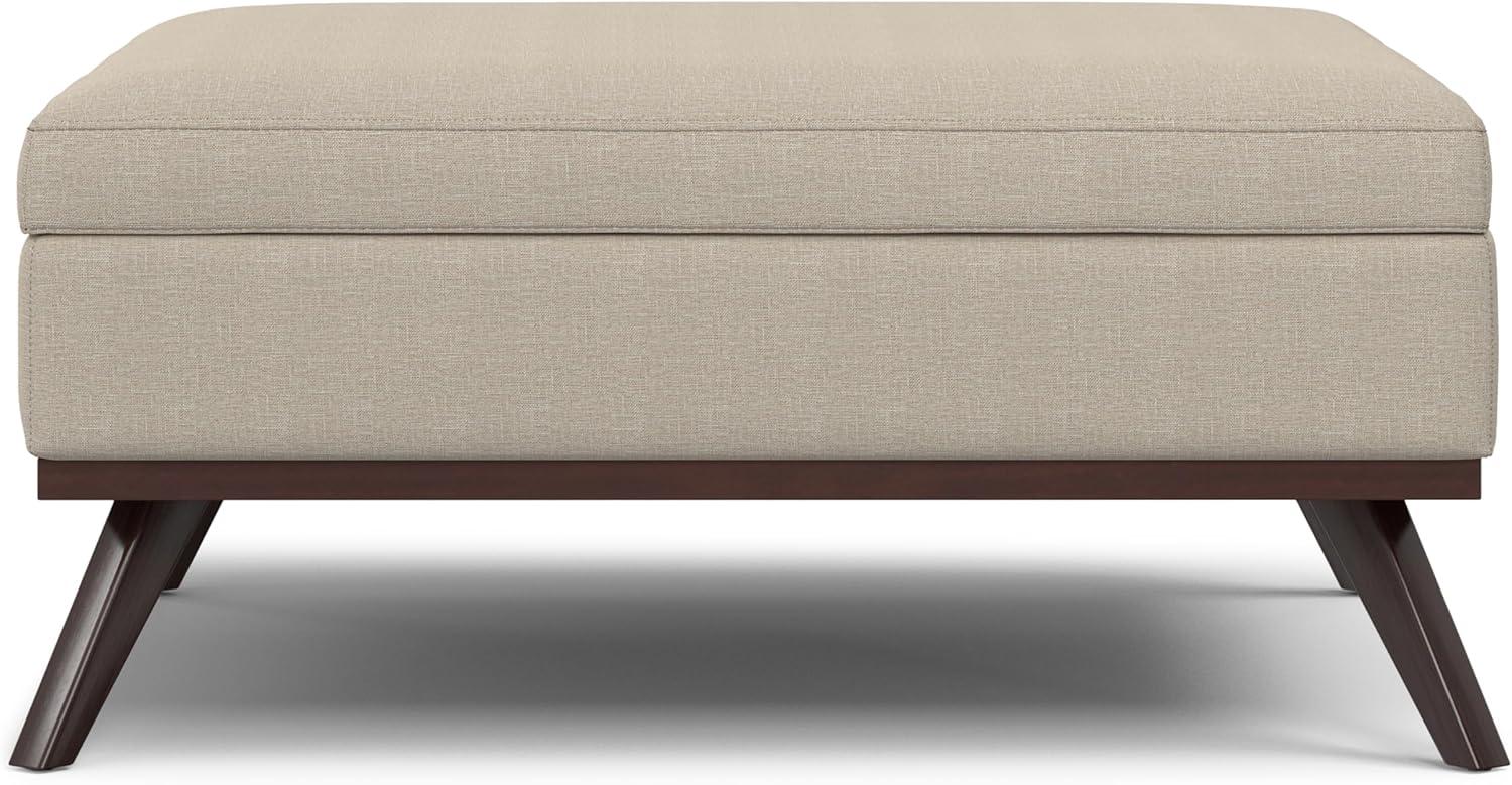 Simpli Home Owen 34"W Upholstered Coffee Table Storage Ottoman with Lift Top and Solid Wood Legs