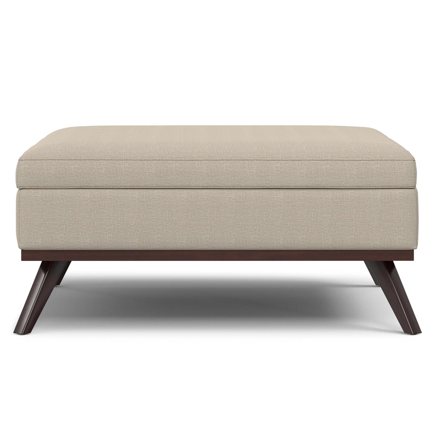 Simpli Home Owen 34"W Upholstered Coffee Table Storage Ottoman with Lift Top and Solid Wood Legs