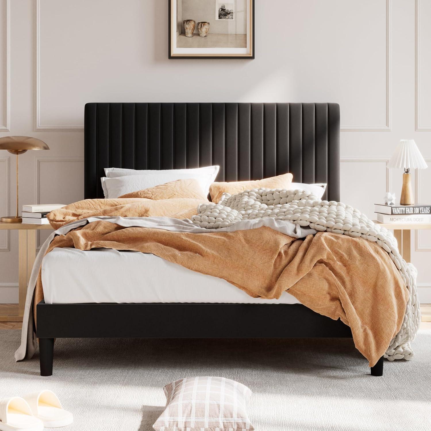 Queen Black Velvet Upholstered Platform Bed with Tufted Headboard