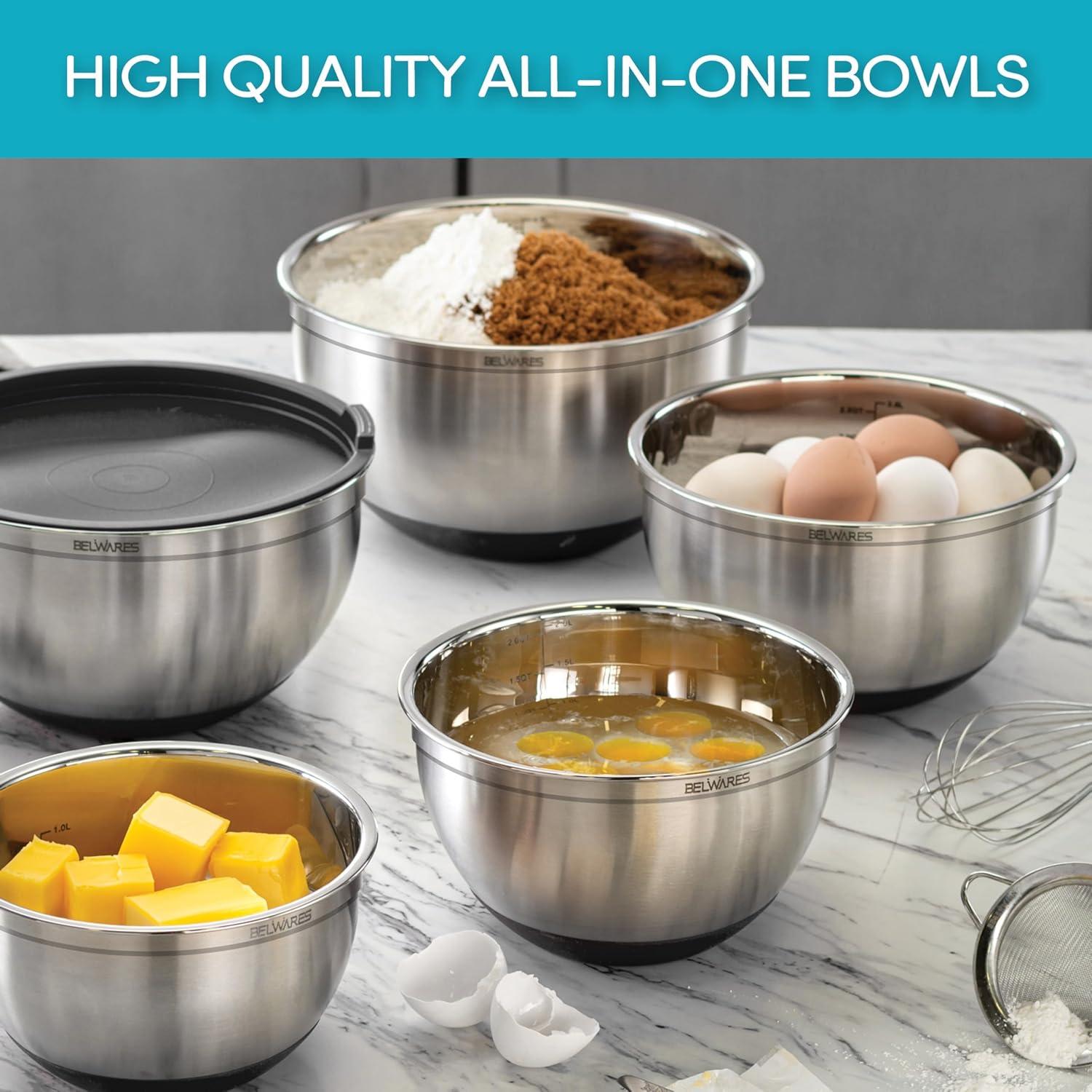 Toledo Bath & Kitchen Stainless Steel Mixing Bowls With Lids, 5-Pack Metal Nesting Bowls With Airtight Covers For Cooking, Baking, Serving, Storage, Non-Toxic & Dishwasher Safe, Size 4.6/3/1.5/1/0.7QT - Khaki
