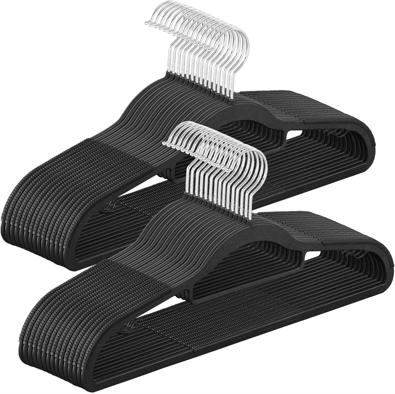 Black Slim Anti-Slip Plastic Coat Hangers with Silver Hooks