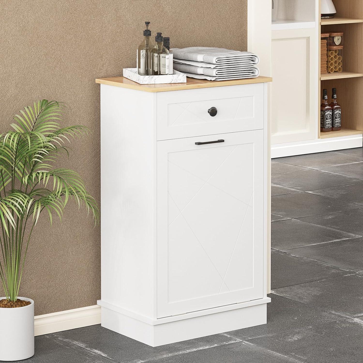 Vabches Kitchen Dual Tilt Out Trash Cabinet , Wood 10 Gal Garbage Cans Holder Drawers, White (Without Trash Bin)
