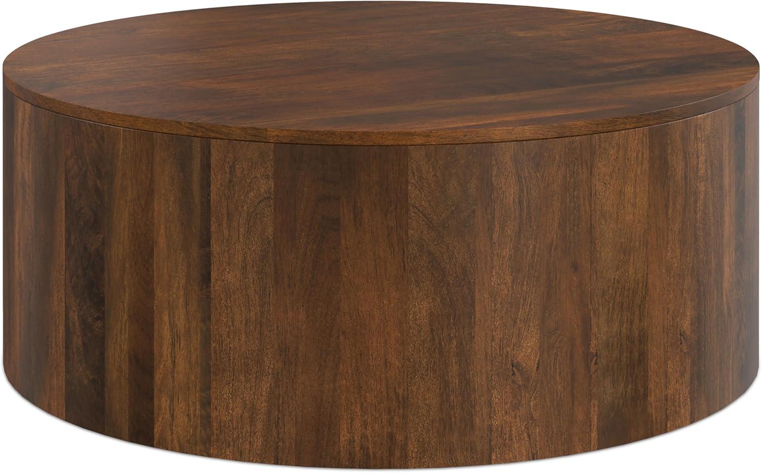 Millbury SOLID MANGO WOOD 36 inch Wide Round Contemporary Drum Coffee Table in Walnut Brown, Fully Assembled