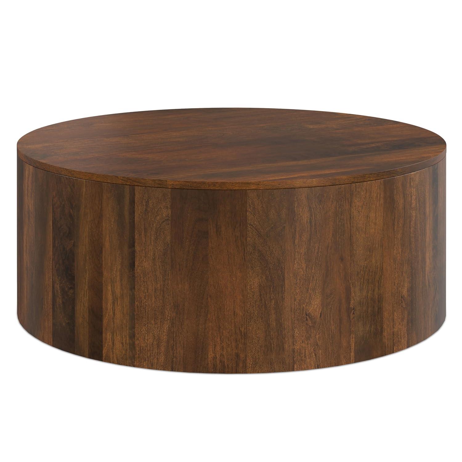 Millbury SOLID MANGO WOOD 36 inch Wide Round Contemporary Drum Coffee Table in Walnut Brown, Fully Assembled