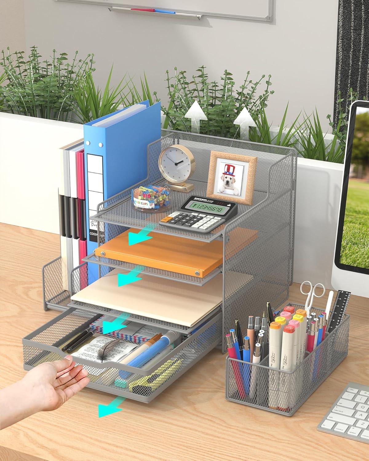 VIVSOL Desk Organizer with Mesh File Holder, 4-Tier Office Supplies Desk Organizers and Accessories with Sliding Drawers & Pen Holder, Desk File Organizer and Storage for Office, School, Home, Black